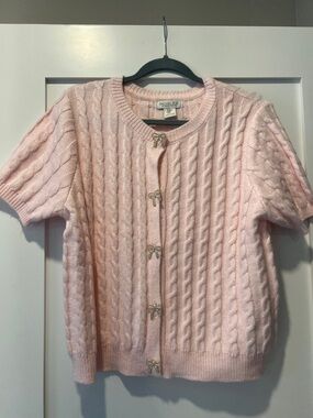 Rachel Zoe Pale Pink Cable-Knit Short Sleeve Cardigan with Bow Closures